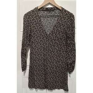 Madewell V Neck Button Front Long Sleeve Black Floral Petite Bloom Dress Size XS